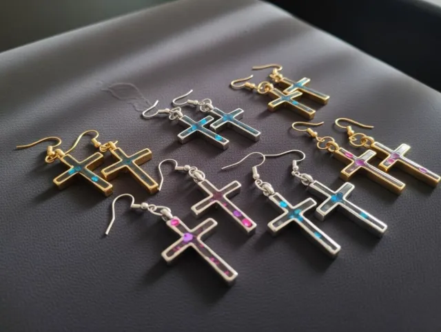 Cross earrings with pink and blue glitter inlay