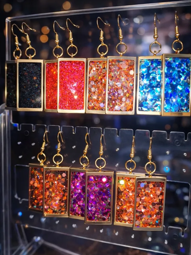 Gold-framed glitter resin statement earrings